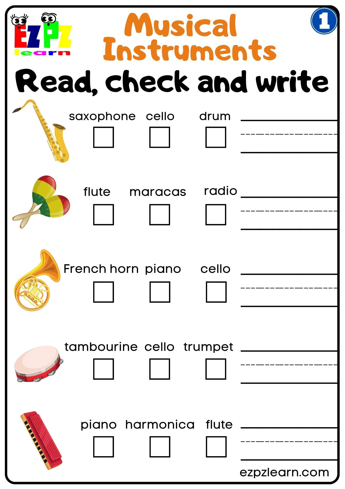 Group One Musical Instruments Read Check and Write Worksheet Free PDF Download
